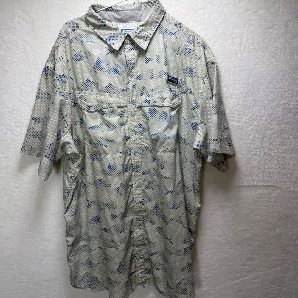Columbia PFG Mens 2XL Short Sleeve Down Fishing Shirt Grey Blue Fish‎ Print
